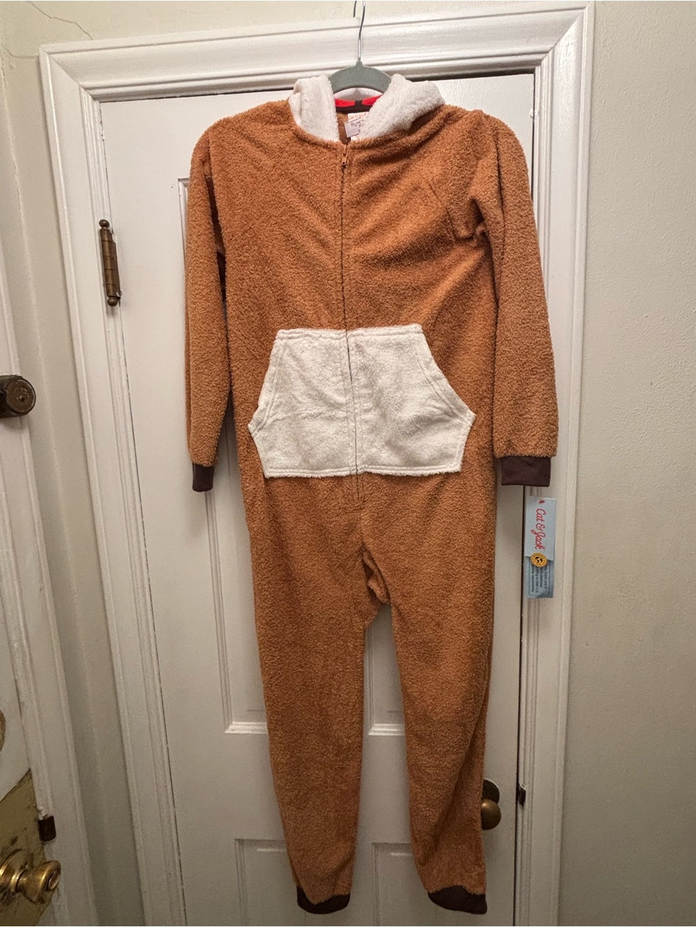 Cozy Brown & Cream Kids One-Piece Zip Up Hooded Pajamas
Size 10/12